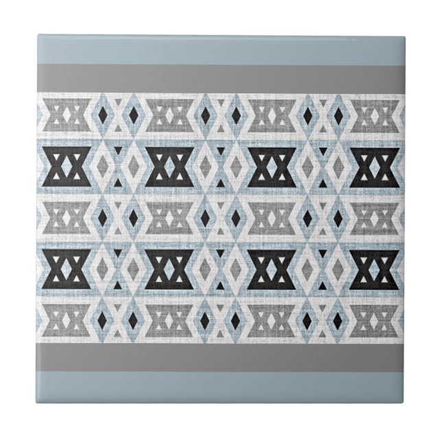 Grey Black Light Blue White Ethnic Tribe Art Tile (Front)
