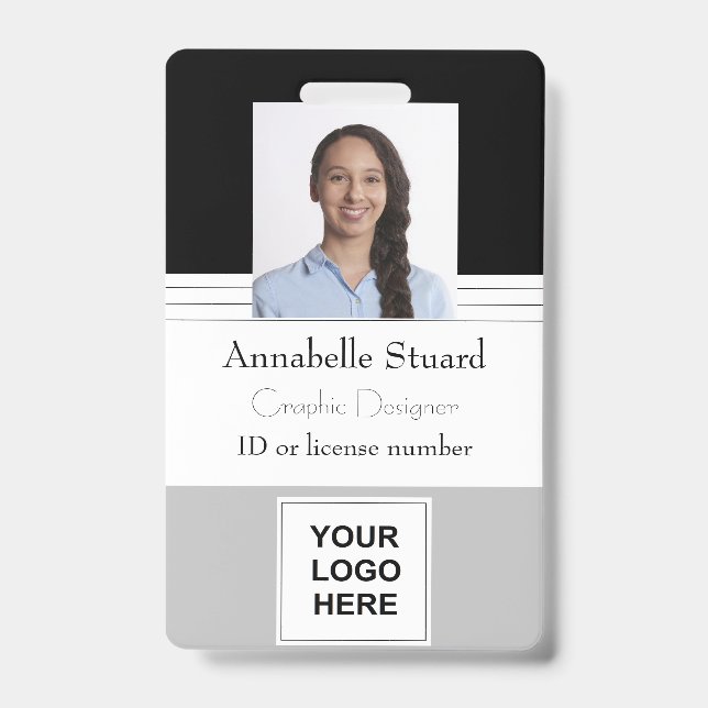 Grey Black Lined Name photo employee corporate ID Badge (Front)