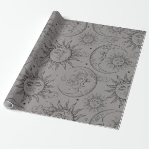 Grey Black Magic Vintage Celestial Sun Moon Stars Wrapping Paper
