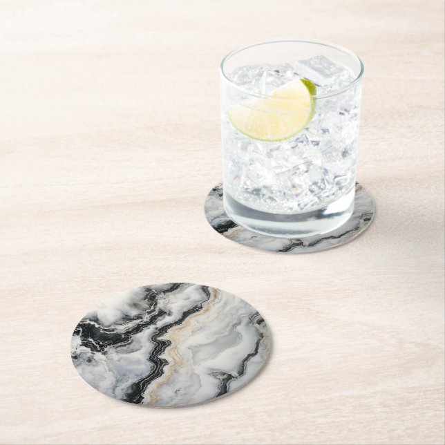 Grey Black Marble Pattern Round Paper Coaster (Insitu)