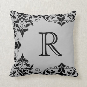 Grey & Black Monogram Damask Pillow