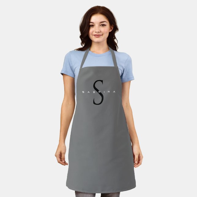 Grey Black Monogram Modern Minimalist Your Name Apron (Worn)