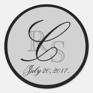 GREY BLACK MONOGRAMMED WEDDING FAVOR CLASSIC ROUND STICKER