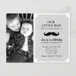 Grey & Black Moustache Photo First Birthday Invite