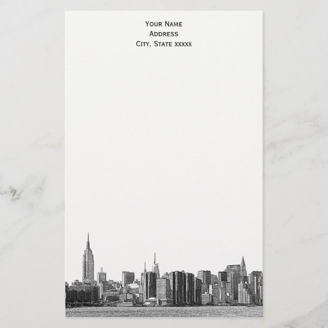 Grey Black NYC Skyline Etch 01 Stationery (Front)