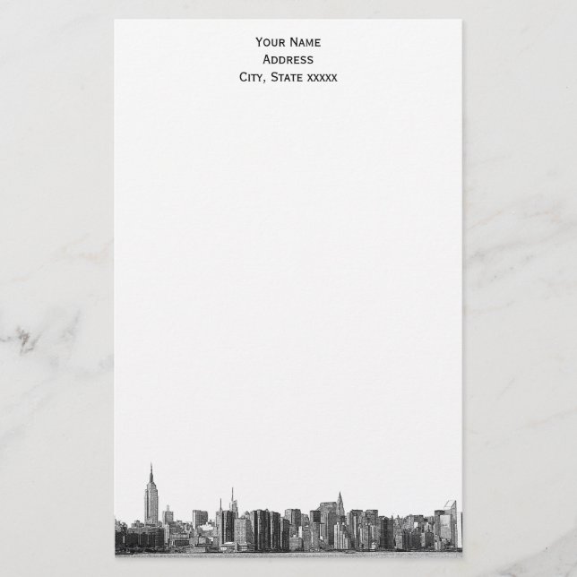 Grey Black NYC Skyline Etch 01 Stationery (Front)