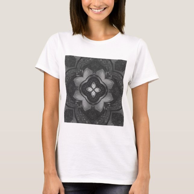 Grey Black Pencil Floral Pattern T-Shirt (Front)