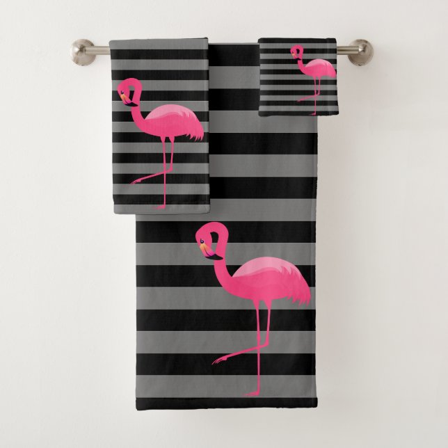 GREY BLACK PINK STRIPE FLAMINGO BATHROOM TOWEL SET (Insitu)