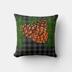 Grey black plaid pinecone detail cushion