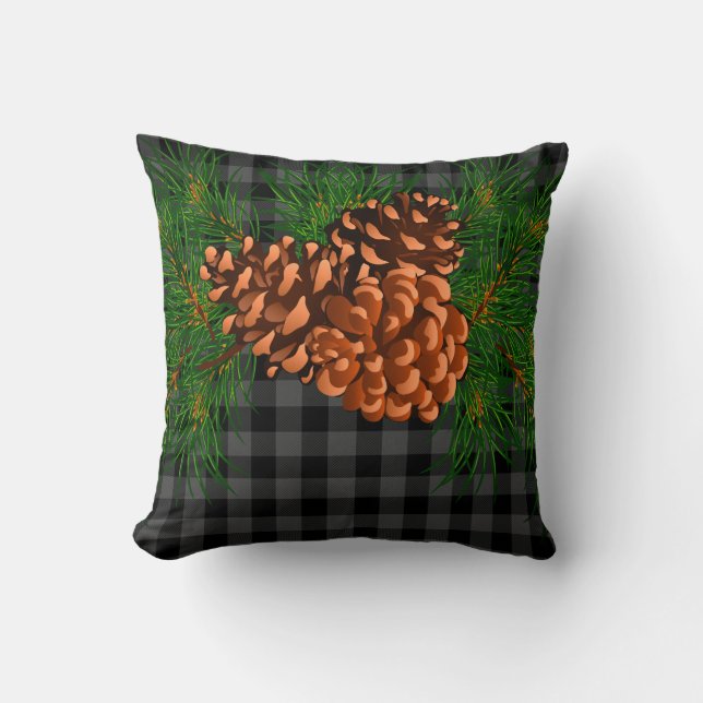 Grey black plaid pinecone detail cushion (Front)