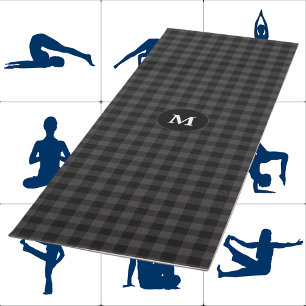 Grey Black Plaid Tartan Monogram Initial Yoga Mat