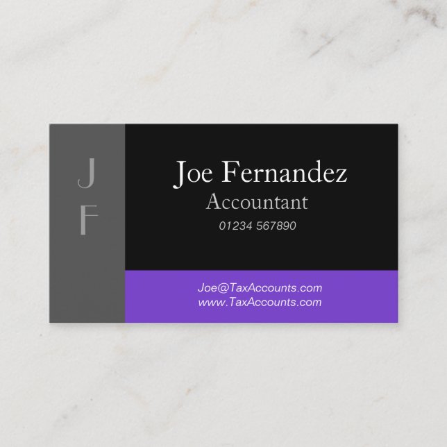 Grey, Black & Purple Professional Business Card (Front)