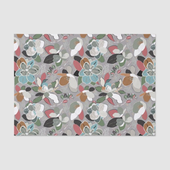 Grey Black Red Floral Winter Magnolia Tissue Paper (Front)