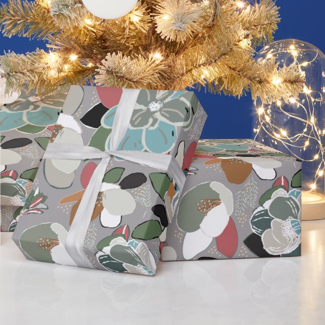 Grey Black Red Floral Winter Magnolia Wrapping Paper (Holidays)