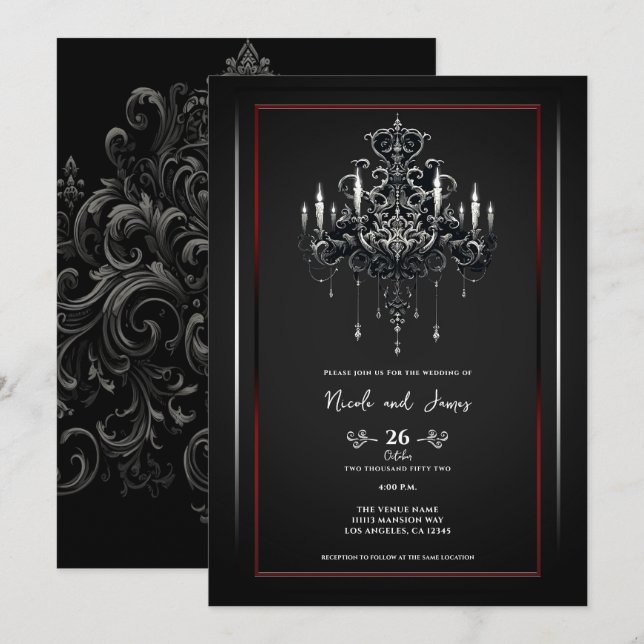 Grey Black Red Spooky Chandelier Gothic Wedding Invitation (Front/Back)