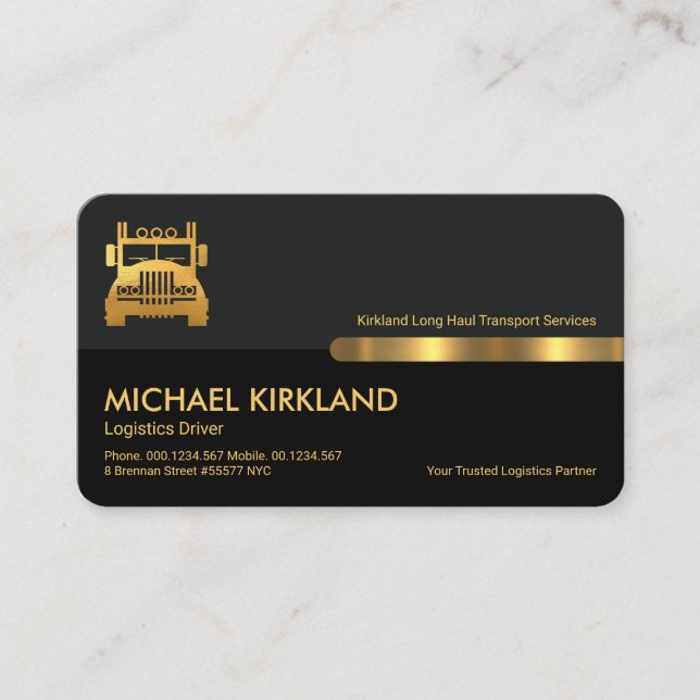 Grey Black Retro Column Gold Semi Truck Driver Business Card (Front)