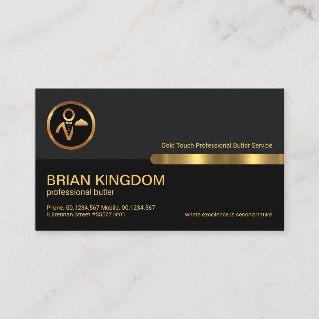 Grey Black Retro Columns Gold Line Butler Business Card (Front)
