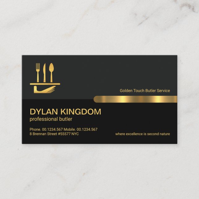 Grey Black Retro Columns Gold Line, Butler Service Business Card (Front)