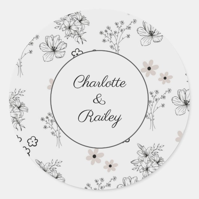 Grey Black Retro Y2K Hippie Flower Pattern Classic Round Sticker (Front)
