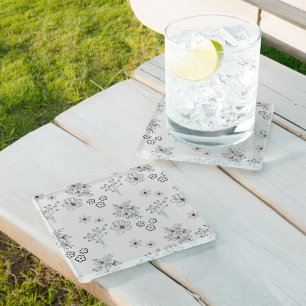 Grey Black Retro Y2K Hippie Flower Pattern Glass Coaster