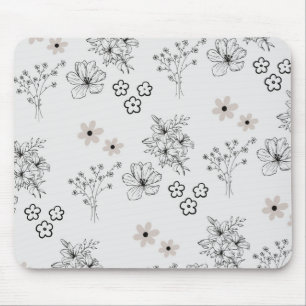 Grey Black Retro Y2K Hippie Flower Pattern Mouse Mat