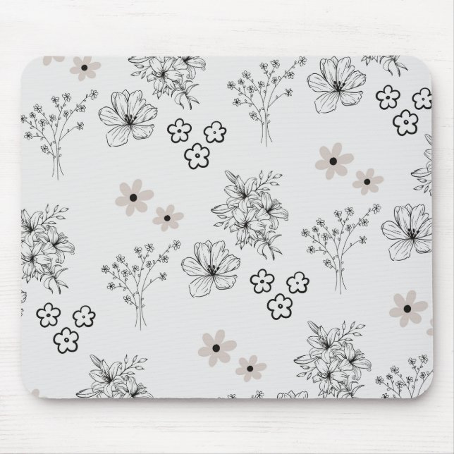 Grey Black Retro Y2K Hippie Flower Pattern Mouse Mat (Front)