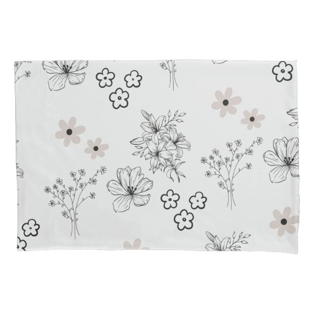 Grey Black Retro Y2K Hippie Flower Pattern Pillowcase (Front)