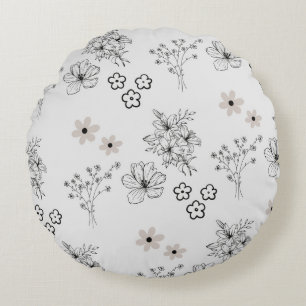 Grey Black Retro Y2K Hippie Flower Pattern Round Cushion