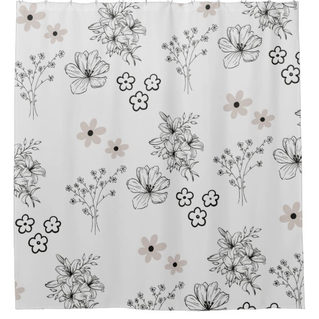 Grey Black Retro Y2K Hippie Flower Pattern Shower Curtain (Front)