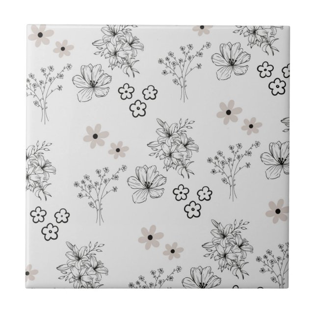 Grey Black Retro Y2K Hippie Flower Pattern Tile (Front)