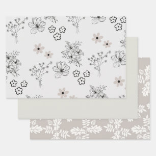 Grey Black Retro Y2K Hippie Flower Pattern Wrapping Paper Sheet