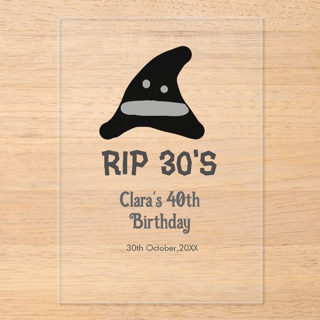 Grey black RIP 30's 40th birthday witch hat hallow Acrylic Invitations (Front)