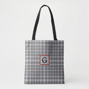 Grey/Black Striped Plaid Custom Monogram Tote Bag