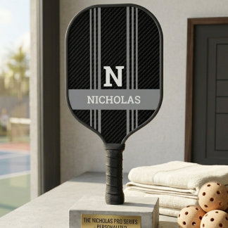 Grey & Black Stripes Bold Monogram & Name Pickleball Paddle