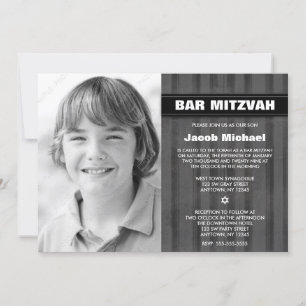 Grey Black Stripes Photo Bar Mitzvah Invitations