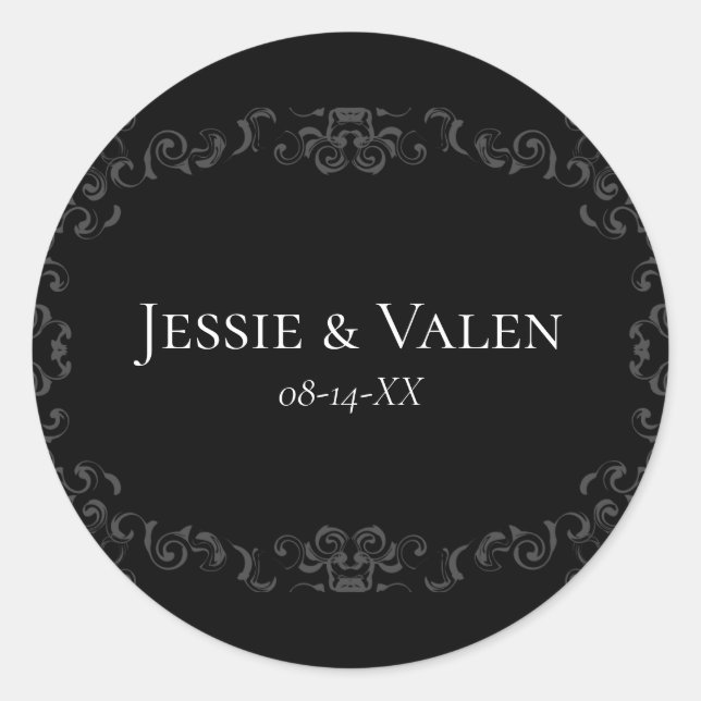 Grey & Black Swirl Gothic Wedding Classic Round Sticker (Front)