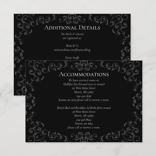 Grey Black Swirl Gothic Wedding Enclosure Card (Front/Back)