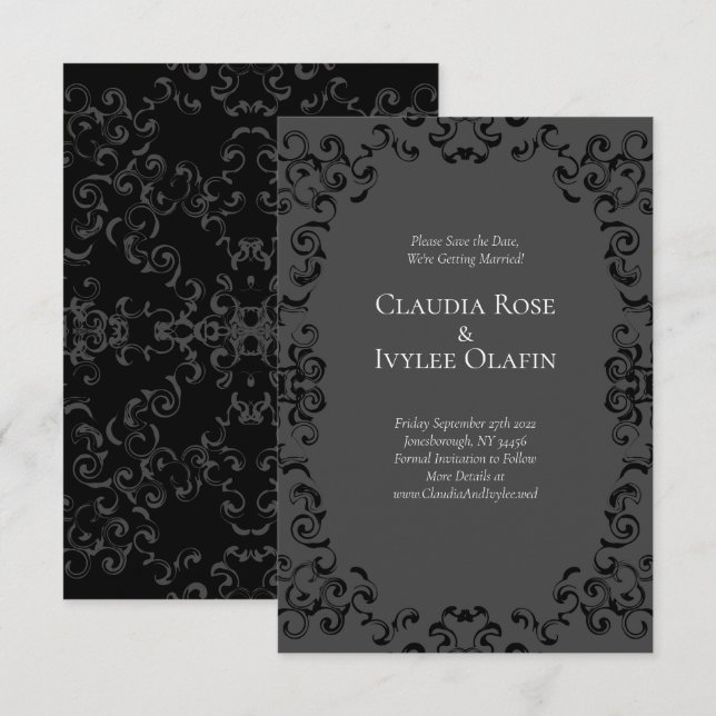 Grey & Black Swirl Gothic Wedding Invitation (Front/Back)