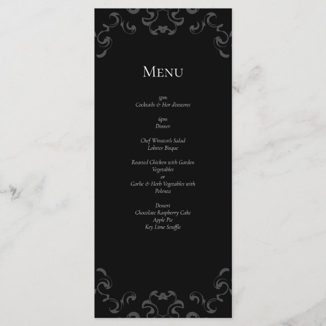 Grey & Black Swirl Gothic Wedding Menu (Front)