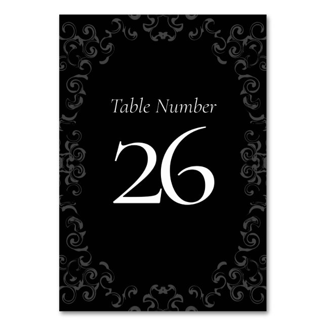 Grey & Black Swirl Gothic Wedding Table Number (Back)