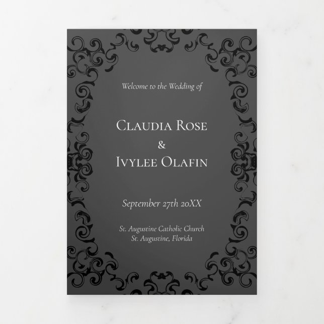 Grey & Black Swirl Gothic Wedding Tri-Fold Programme (Cover)