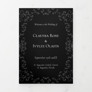 Grey & Black Swirl Gothic Wedding Tri-Fold Programme