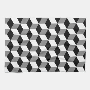 Grey, Black & White 3D Cubes Pattern Tea Towel