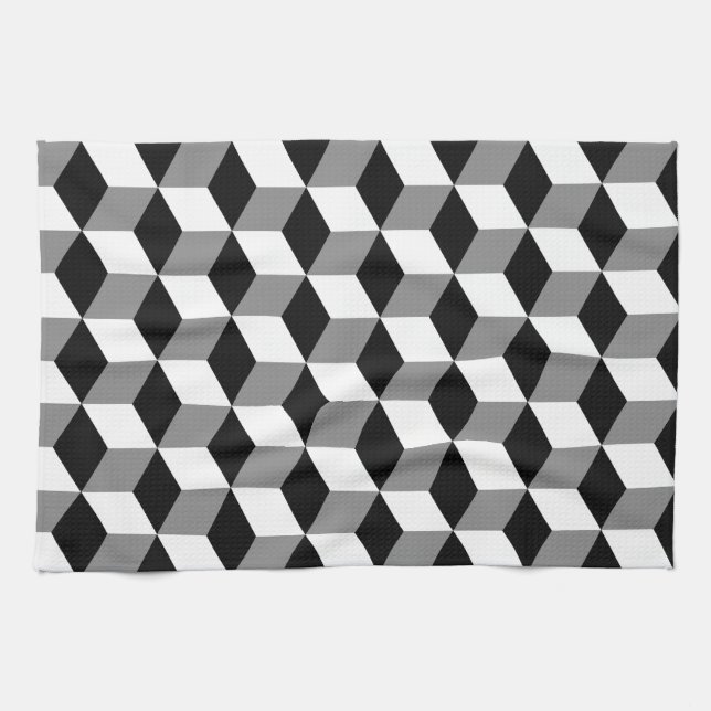 Grey, Black & White 3D Cubes Pattern Tea Towel (Horizontal)