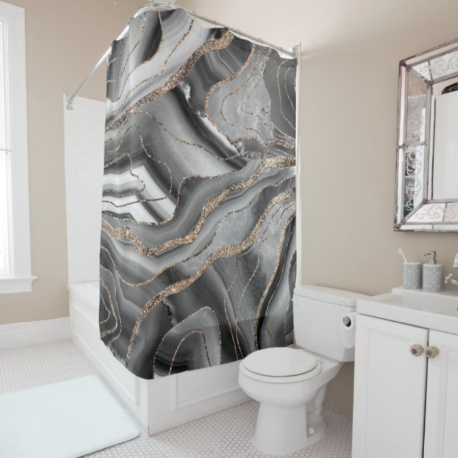 Grey Black White Agate Gold Glitter Glam #1 Shower Curtain (In Situ)