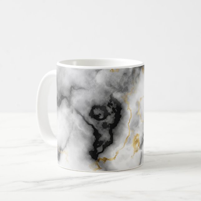 Grey Black White and Gold Marble Pattern Coffee Mug (Front Left)