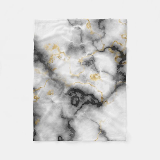 Grey Black White and Gold Marble Pattern Fleece Blanket (Front)