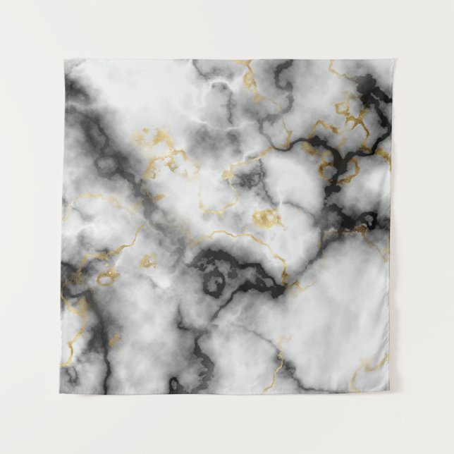 Grey Black White and Gold Marble Pattern Tapestry (Front)