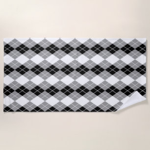 Grey Black White Argyle Diamond Design Beach Towel