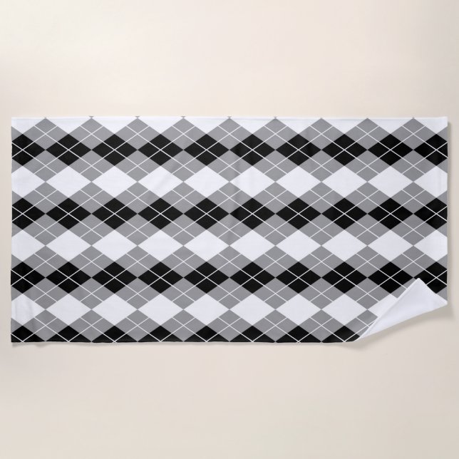 Grey Black White Argyle Diamond Design  Beach Towel (Front)
